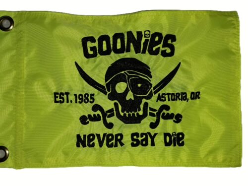 Close up of high density embroidered One Eyed Willie pirate skull on Goonies safety flag