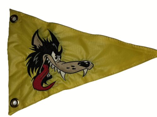 Close up of high density embroidered cartoon wolf mascot on Dire Wolf safety flag