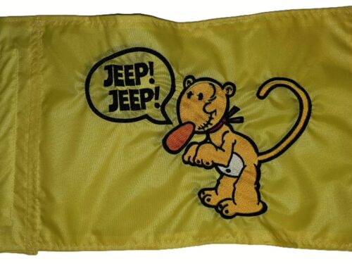 Close up of high density embroidered cartoon character on Eugene the Magical Creature safety flag