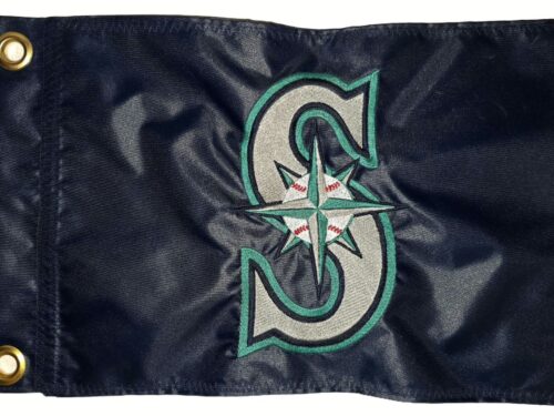 Close up of high density embroidered compass rose and baseball emblem on Seattle Compass safety flag