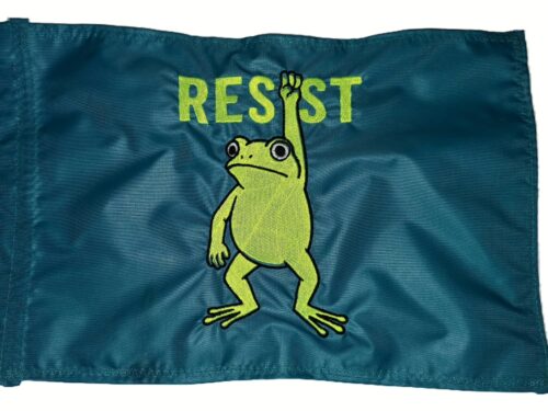 Resist Frog safety flag with double sided embroidery on durable nylon