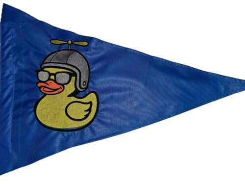 Close up of high density embroidered duck with propeller helmet on Whirly Biker Duck safety flag