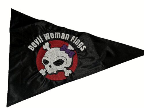 Devil Woman Flags signature safety whip flag with embroidered girl skull purple bow and red circle on black nylon pennant with whip sleeve