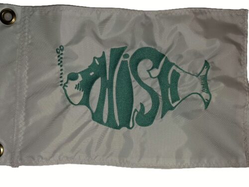 Close up of high density green embroidered fish graphic on Phish safety flag