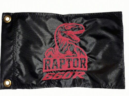 Raptor 660R safety flag with double sided embroidery on durable black nylon