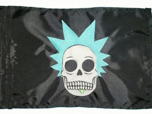 Rick Mad Scientist Skull safety flag with double sided embroidery on durable black nylon
